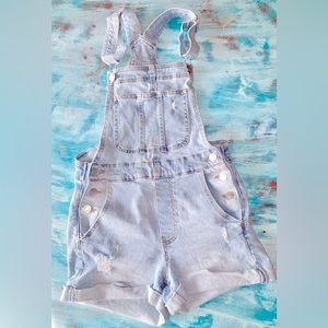 Faded denim overall shorts
